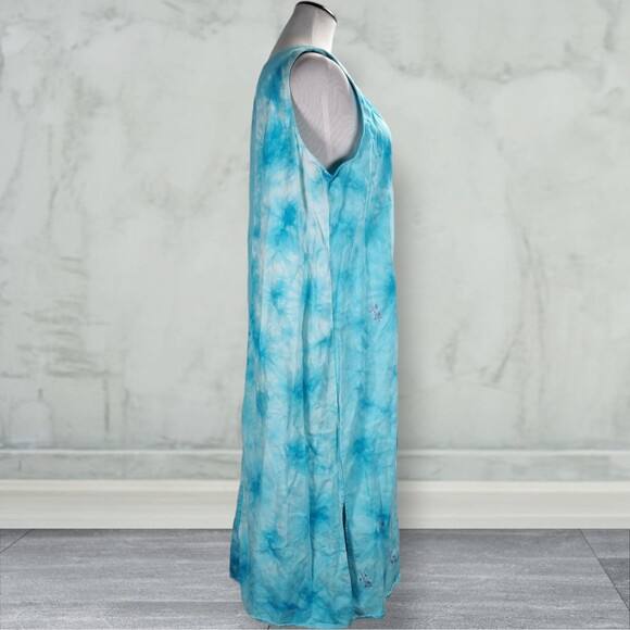 Vintage 90s Embroidered Midi Shift Dress Size L Blue Cotton Twill Tie Dye - Picture 3 of 11